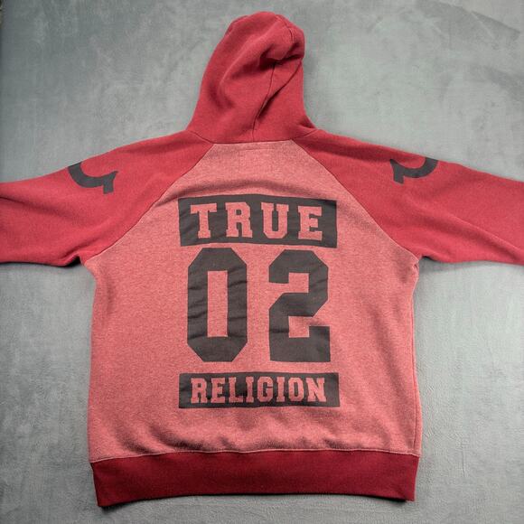 True Religion Full Zip Hoodie Men's 2XL Red Color Block Raglan Distressed Cali - Picture 2 of 11